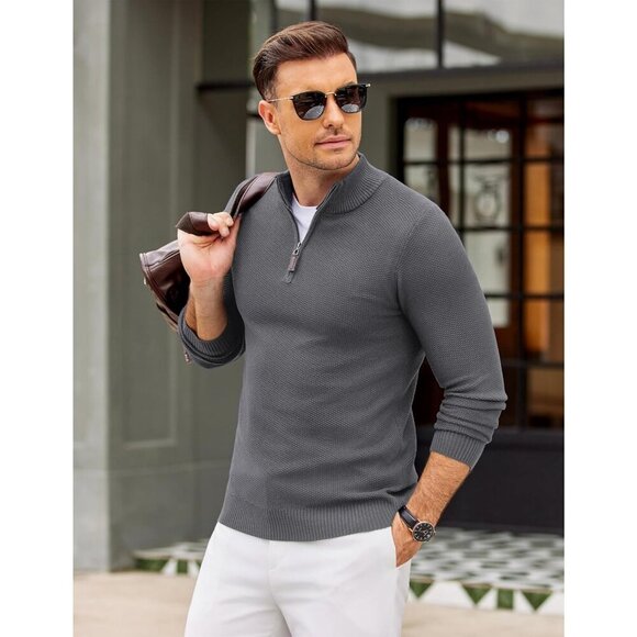 Men's Slim Fit Quarter Zip Pullover Sweater, Knit Mock Neck Polo Gray Sweater - Picture 4 of 6